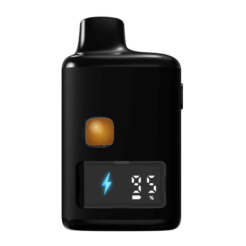 Flavored Rosin AIO disposable, matte black with amber rosin window and cyan VOLT bolt